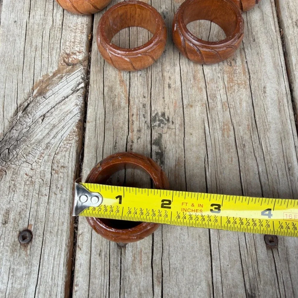 Vtg Hand Carved Wood Napkin Rings Set of 8‎ Brown Rustic Boho Table Decor